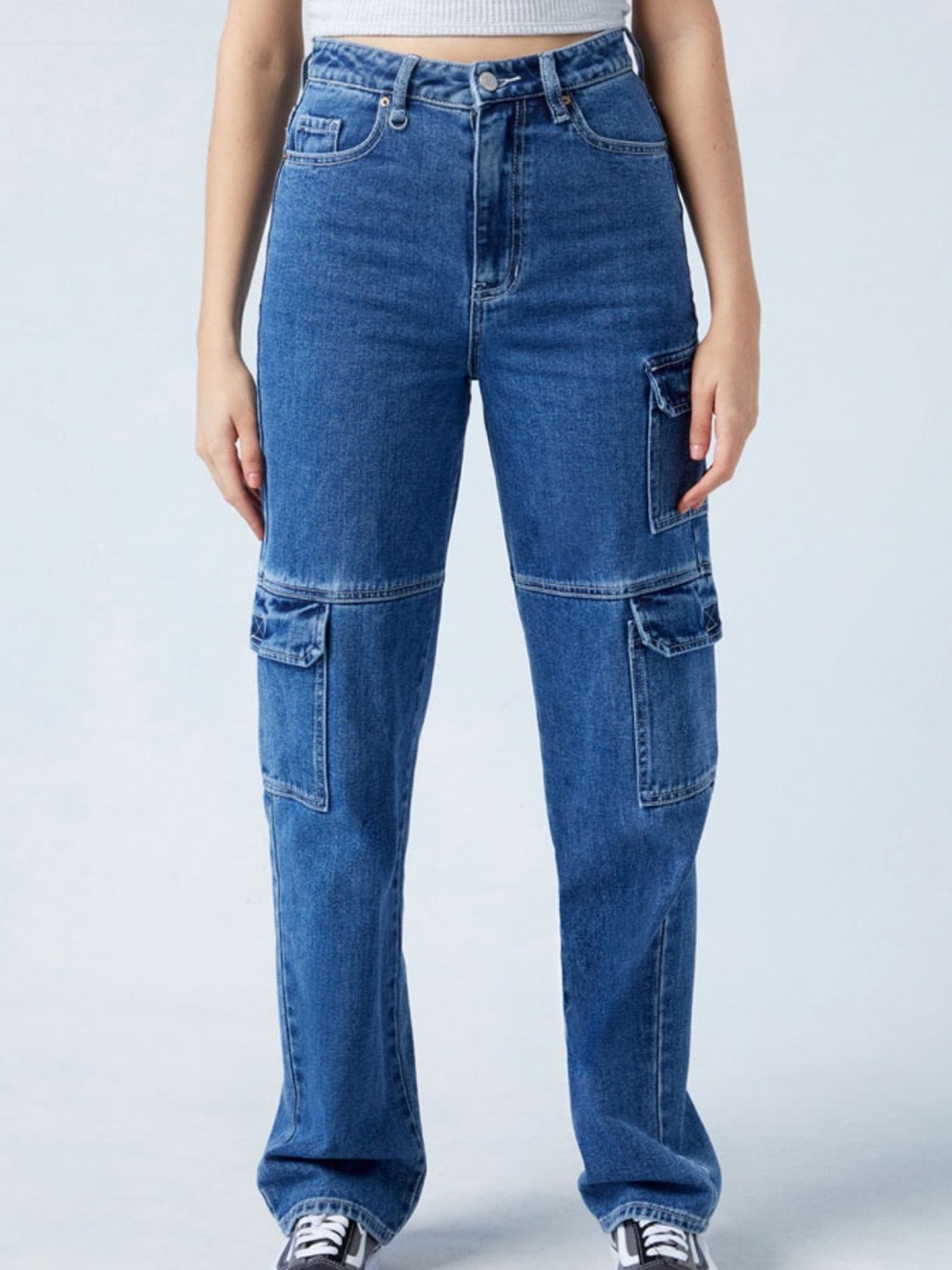 PacSun High Waisted Denim Cargo Pants | Blue Wide Leg Y2K Utility Jeans